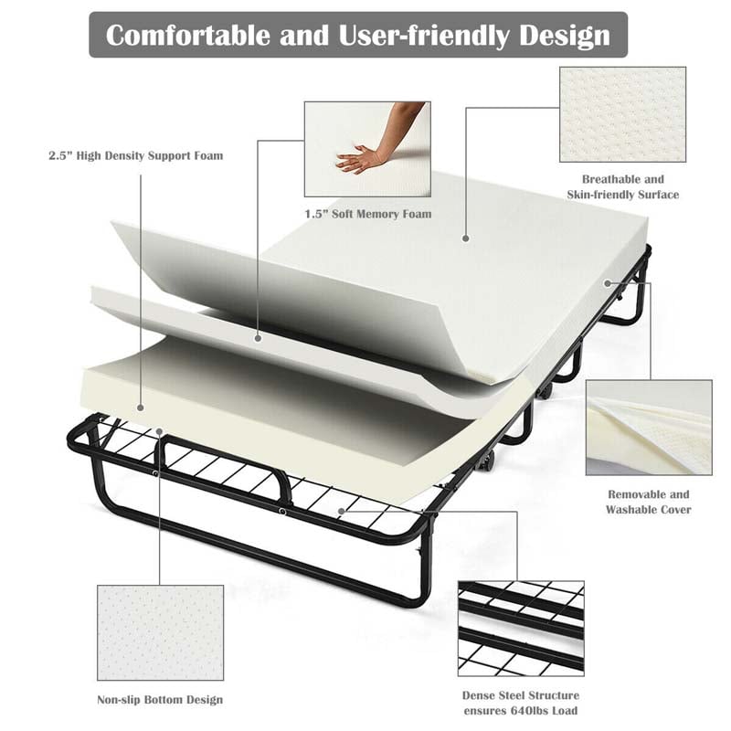 Portable Folding Bed with Mattress for Adults, Twin Size Rollaway Bed with 4" Memory Foam Mattress, 75" x 38" Foldable Guest Bed on Wheels