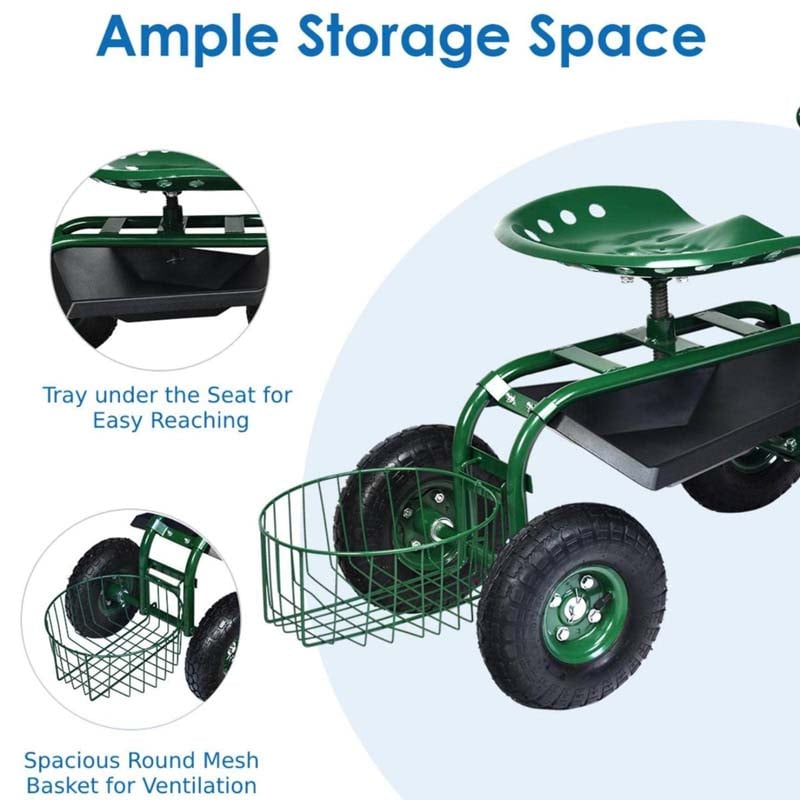 Heavy Duty Rolling Garden Cart Workseat with Tool Tray, 360 Swivel Seat, Storage Basket, Extendable Steering Handle