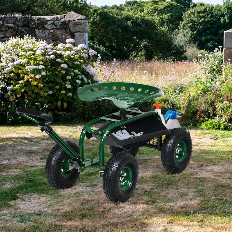 Heavy Duty Rolling Garden Cart Workseat with Tool Tray, 360 Swivel Seat, Storage Basket, Extendable Steering Handle