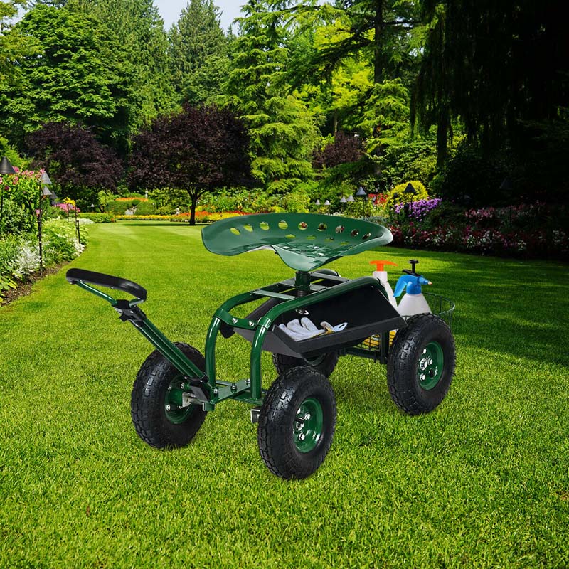 Heavy Duty Rolling Garden Cart Workseat with Tool Tray, 360 Swivel Seat, Storage Basket, Extendable Steering Handle