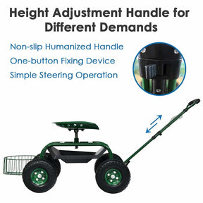 Heavy Duty Rolling Garden Cart Workseat with Tool Tray, 360 Swivel Seat, Storage Basket, Extendable Steering Handle
