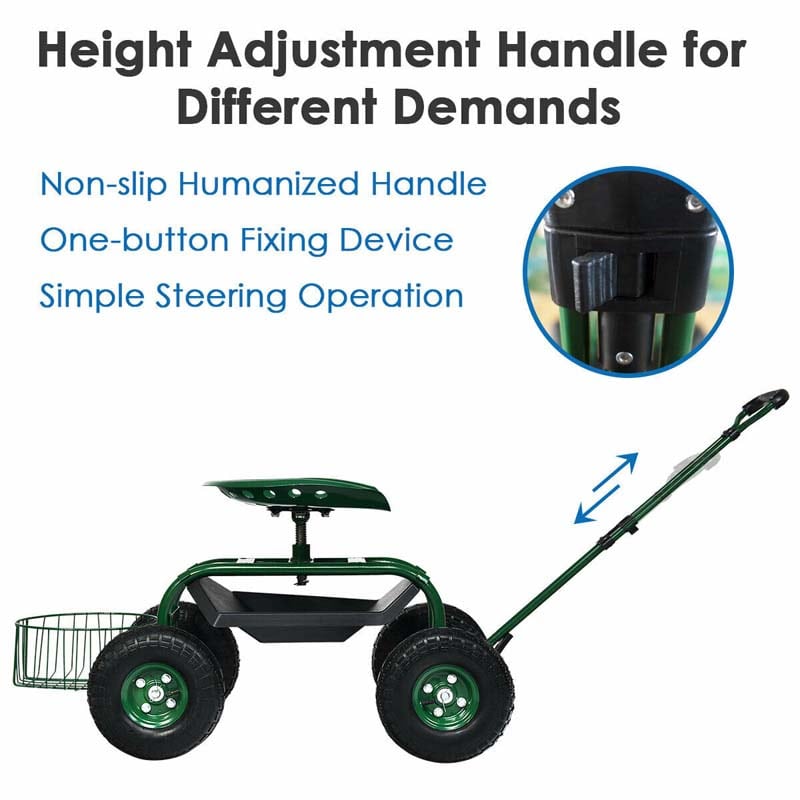 Heavy Duty Rolling Garden Cart Workseat with Tool Tray, 360 Swivel Seat, Storage Basket, Extendable Steering Handle