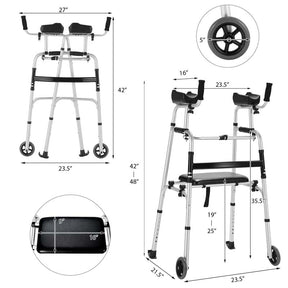 Folding Walker for Seniors, Lightweight Aluminum Mobility Aid with 5" Wheels, Seat & Armrest Pads, Adjustable Height Platform Walker for Elderly