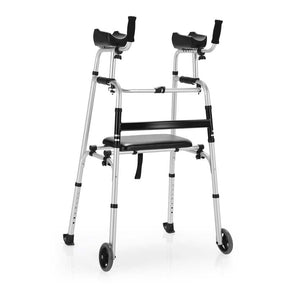 Folding Walker for Seniors, Lightweight Aluminum Mobility Aid with 5" Wheels, Seat & Armrest Pads, Adjustable Height Platform Walker for Elderly