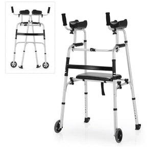 Folding Walker for Seniors, Lightweight Aluminum Mobility Aid with 5" Wheels, Seat & Armrest Pads, Adjustable Height Platform Walker for Elderly