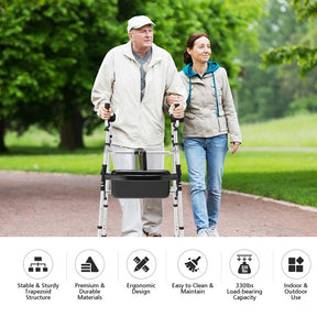 Folding Walker for Seniors, Lightweight Aluminum Mobility Aid with 5" Wheels, Seat & Armrest Pads, Adjustable Height Platform Walker for Elderly