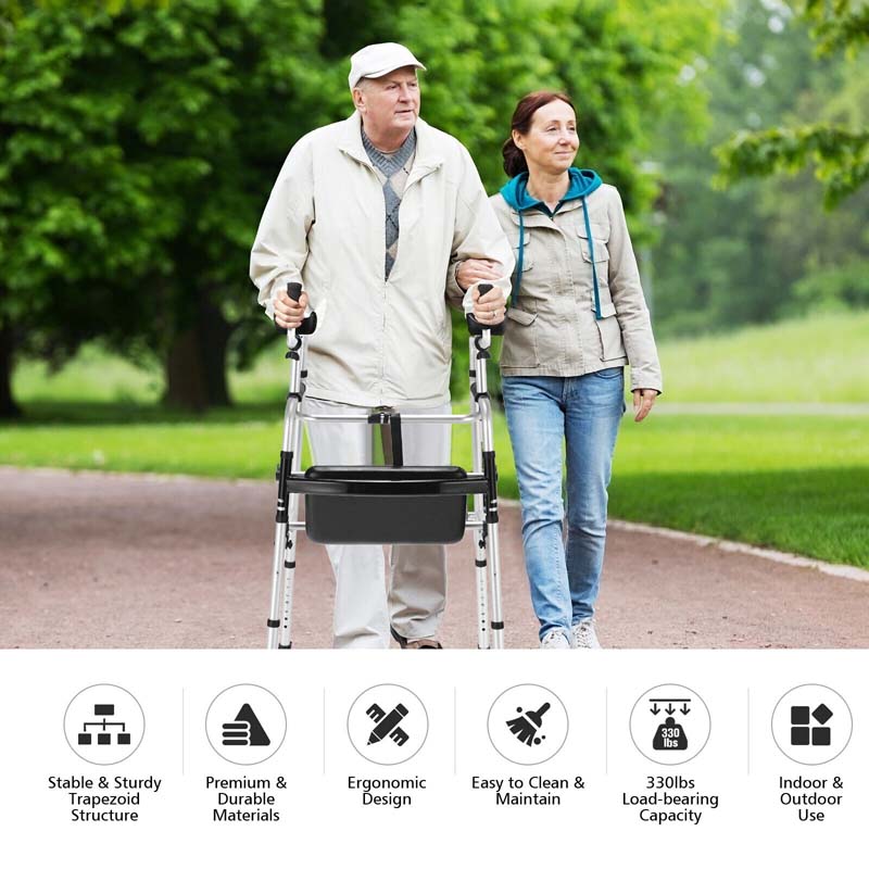 Folding Walker for Seniors, Lightweight Aluminum Mobility Aid with 5" Wheels, Seat & Armrest Pads, Adjustable Height Platform Walker for Elderly