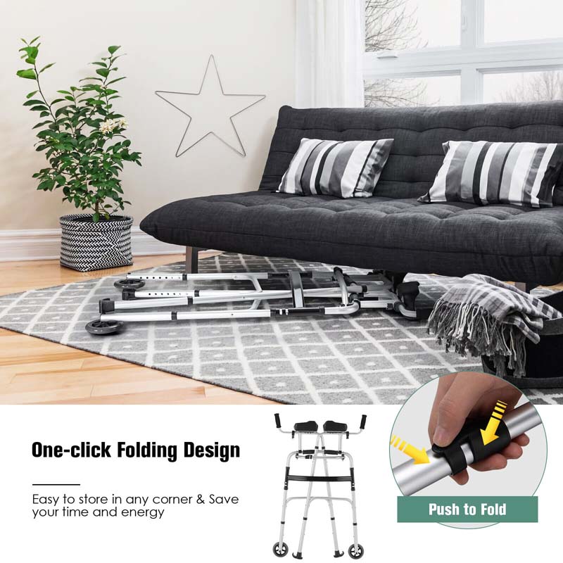 Folding Walker for Seniors, Lightweight Aluminum Mobility Aid with 5" Wheels, Seat & Armrest Pads, Adjustable Height Platform Walker for Elderly