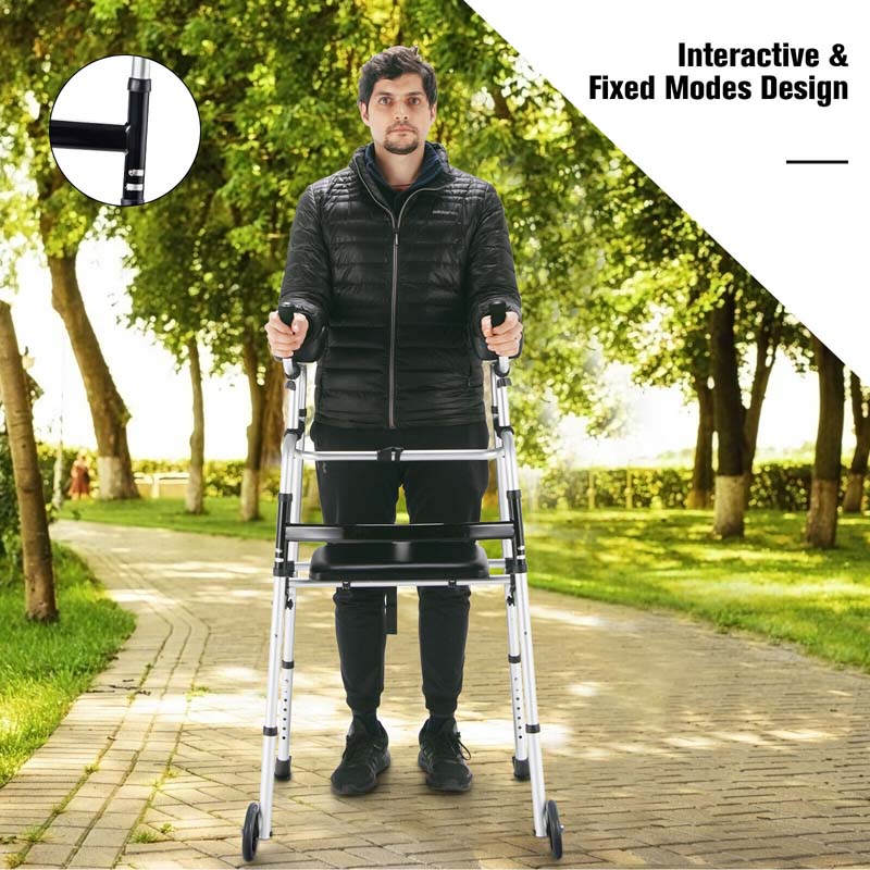 Folding Walker for Seniors, Lightweight Aluminum Mobility Aid with 5" Wheels, Seat & Armrest Pads, Adjustable Height Platform Walker for Elderly