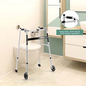 Folding Walker for Seniors, Lightweight Aluminum Mobility Aid with 5" Wheels, Seat & Armrest Pads, Adjustable Height Platform Walker for Elderly