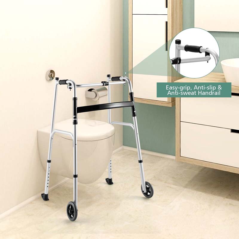 Folding Walker for Seniors, Lightweight Aluminum Mobility Aid with 5" Wheels, Seat & Armrest Pads, Adjustable Height Platform Walker for Elderly