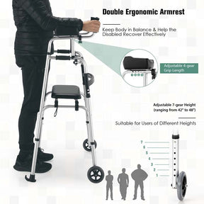 Folding Walker for Seniors, Lightweight Aluminum Mobility Aid with 5" Wheels, Seat & Armrest Pads, Adjustable Height Platform Walker for Elderly