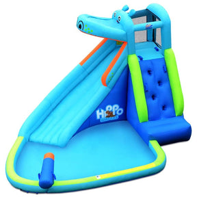 5-in-1 Hippo Theme Inflatable Water Slide, Bounce House Water Park with Slide, Splash Pool, Climbing, Water Cannon & 740W Blower for Kids Backyard Fun