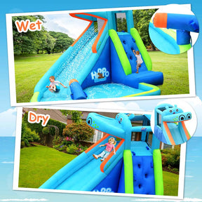 5-in-1 Hippo Theme Inflatable Water Slide, Bounce House Water Park with Slide, Splash Pool, Climbing, Water Cannon & 740W Blower for Kids Backyard Fun
