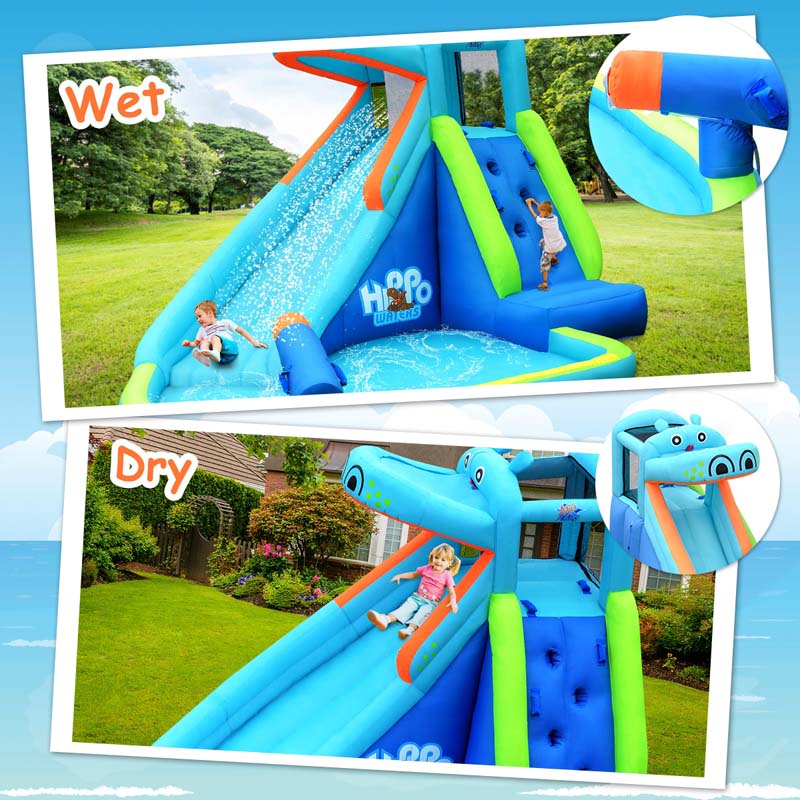 5-in-1 Hippo Theme Inflatable Water Slide, Bounce House Water Park with Slide, Splash Pool, Climbing, Water Cannon & 740W Blower for Kids Backyard Fun