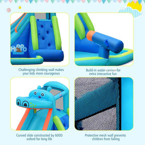 5-in-1 Hippo Theme Inflatable Water Slide, Bounce House Water Park with Slide, Splash Pool, Climbing, Water Cannon & 740W Blower for Kids Backyard Fun