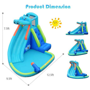 5-in-1 Hippo Theme Inflatable Water Slide, Bounce House Water Park with Slide, Splash Pool, Climbing, Water Cannon & 740W Blower for Kids Backyard Fun