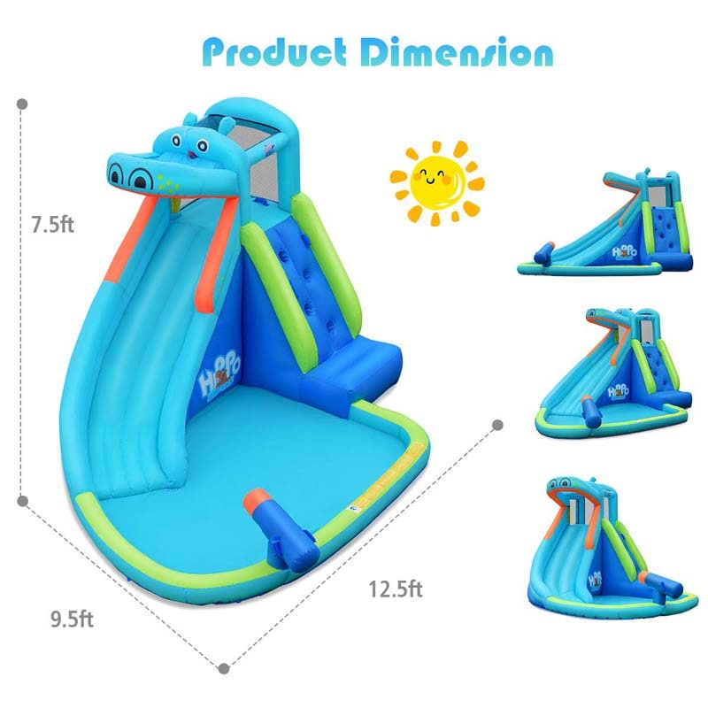 5-in-1 Hippo Theme Inflatable Water Slide, Bounce House Water Park with Slide, Splash Pool, Climbing, Water Cannon & 740W Blower for Kids Backyard Fun
