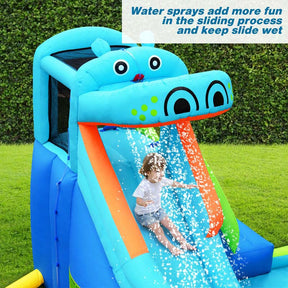 5-in-1 Hippo Theme Inflatable Water Slide, Bounce House Water Park with Slide, Splash Pool, Climbing, Water Cannon & 740W Blower for Kids Backyard Fun