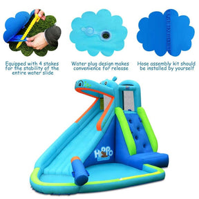 5-in-1 Hippo Theme Inflatable Water Slide, Bounce House Water Park with Slide, Splash Pool, Climbing, Water Cannon & 740W Blower for Kids Backyard Fun