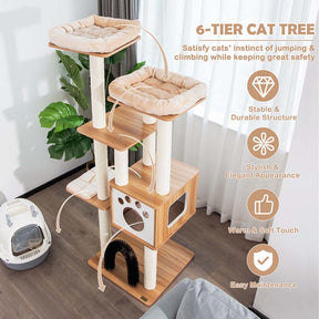 69.5" Tall Multi-Layer Cat Tree Tower Condo, Modern Wooden Cat Activity Tree with Cushions & Scratching Post