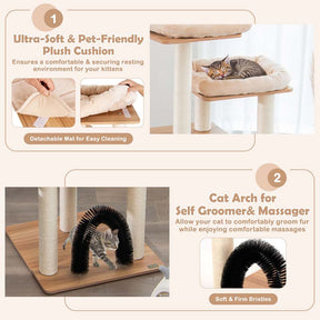 69.5" Tall Multi-Layer Cat Tree Tower Condo, Modern Wooden Cat Activity Tree with Cushions & Scratching Post