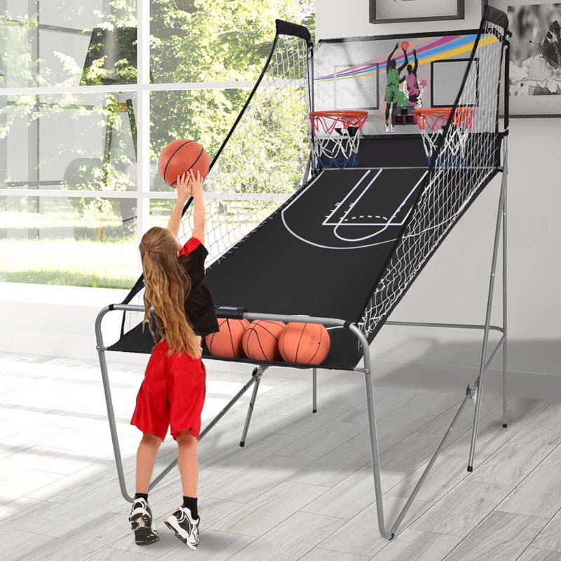 Foldable Dual Shot Basketball Arcade Game with LED Electronic Scoring, 8 Game Modes & 4 Balls, 2-Player Indoor Basketball Game for Kids Adults