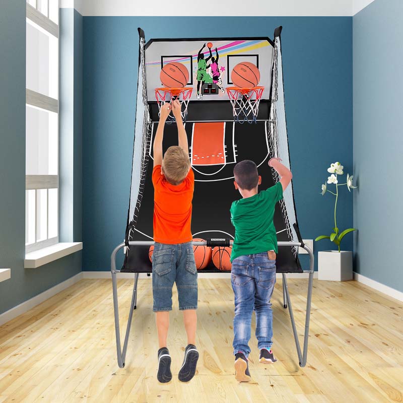 Foldable Dual Shot Basketball Arcade Game with LED Electronic Scoring, 8 Game Modes & 4 Balls, 2-Player Indoor Basketball Game for Kids Adults