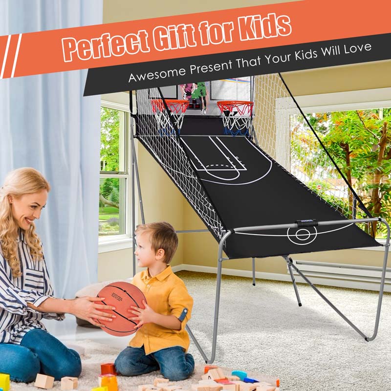 Foldable Dual Shot Basketball Arcade Game with LED Electronic Scoring, 8 Game Modes & 4 Balls, 2-Player Indoor Basketball Game for Kids Adults