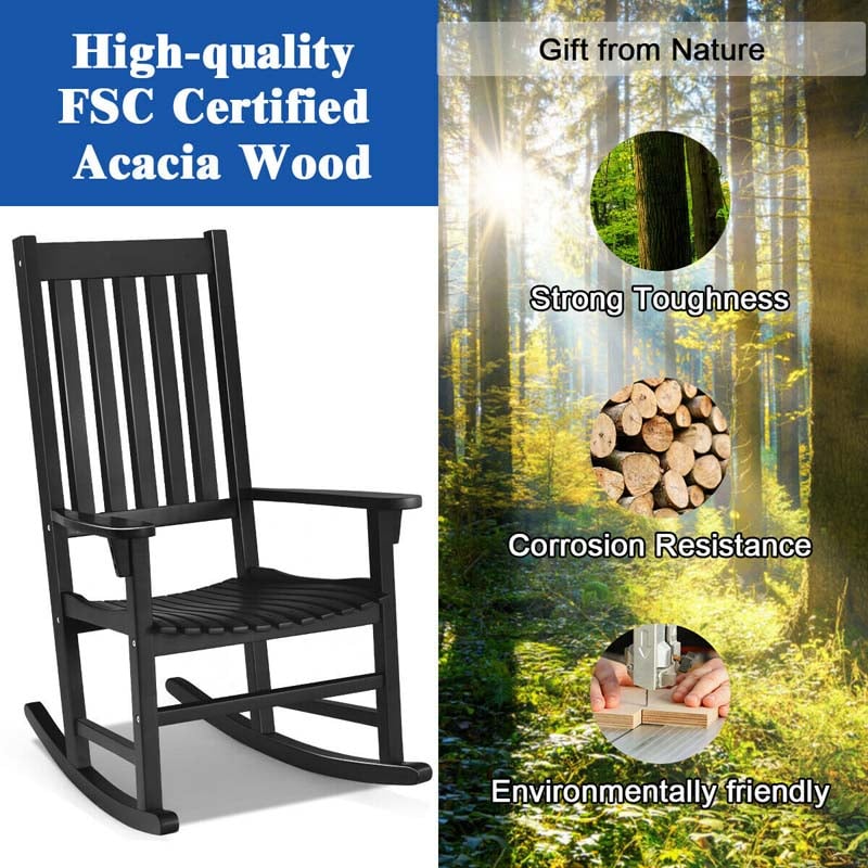 2PCS Acacia Wood Rocking Chair, High Back Porch Rocker with Wide Seat & Ergonomic Armrest for Indoor Outdoor Use