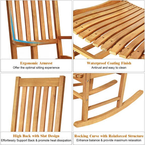 2PCS Acacia Wood Rocking Chair, High Back Porch Rocker with Wide Seat & Ergonomic Armrest for Indoor Outdoor Use