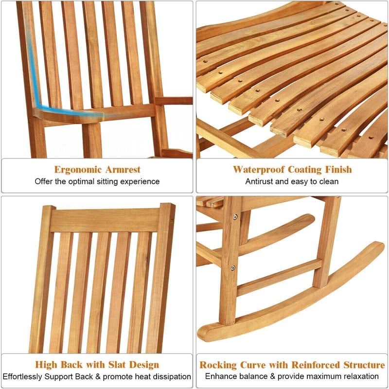 2PCS Acacia Wood Rocking Chair, High Back Porch Rocker with Wide Seat & Ergonomic Armrest for Indoor Outdoor Use