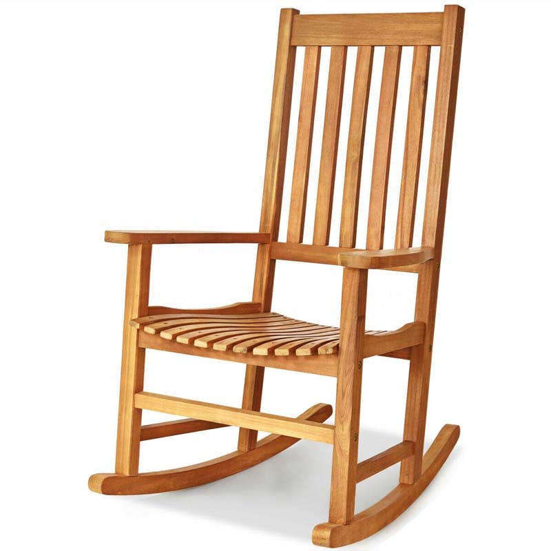 2PCS Acacia Wood Rocking Chair, High Back Porch Rocker with Wide Seat & Ergonomic Armrest for Indoor Outdoor Use