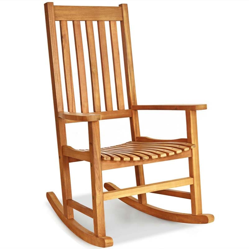 2PCS Acacia Wood Rocking Chair, High Back Porch Rocker with Wide Seat & Ergonomic Armrest for Indoor Outdoor Use