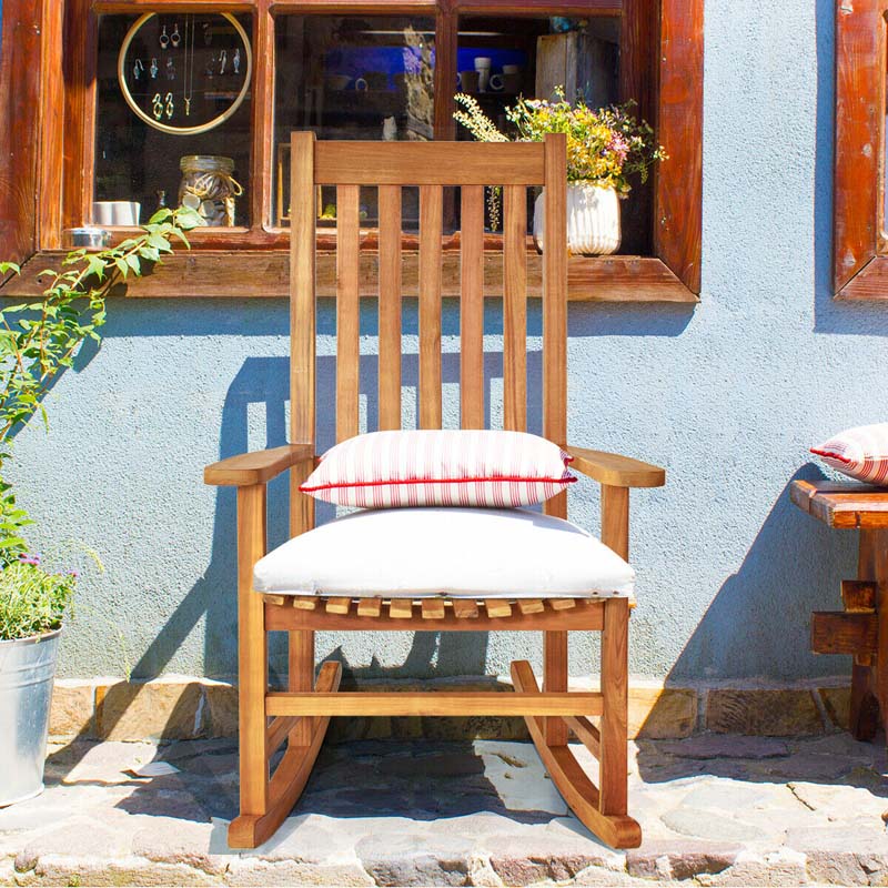 2PCS Acacia Wood Rocking Chair, High Back Porch Rocker with Wide Seat & Ergonomic Armrest for Indoor Outdoor Use
