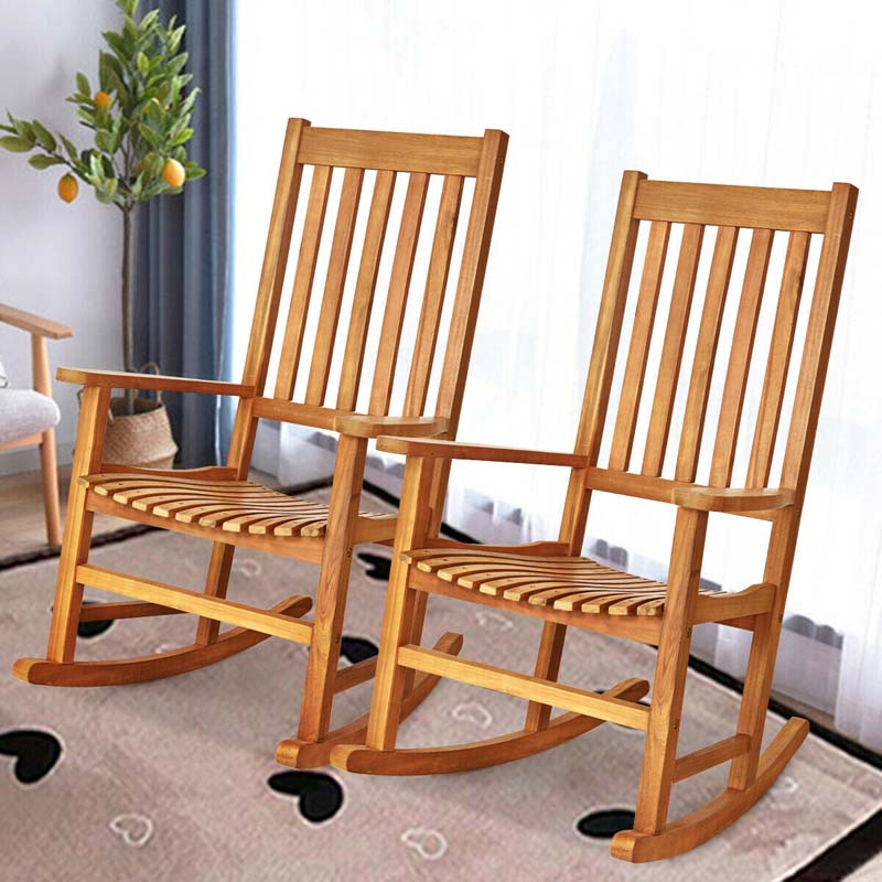 2PCS Acacia Wood Rocking Chair, High Back Porch Rocker with Wide Seat & Ergonomic Armrest for Indoor Outdoor Use