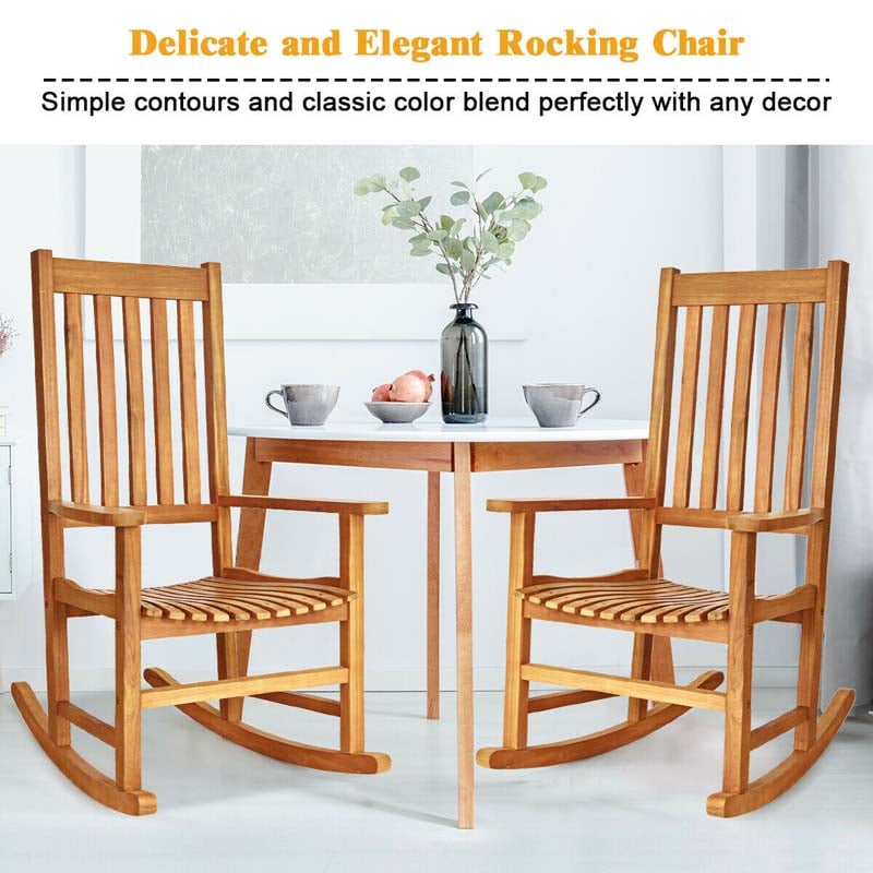 2PCS Acacia Wood Rocking Chair, High Back Porch Rocker with Wide Seat & Ergonomic Armrest for Indoor Outdoor Use