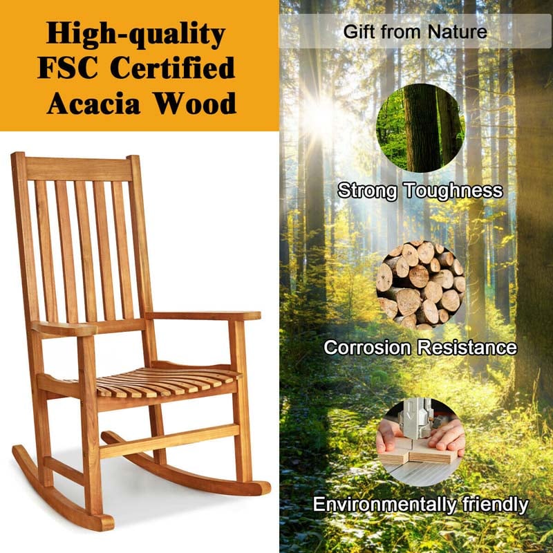 2PCS Acacia Wood Rocking Chair, High Back Porch Rocker with Wide Seat & Ergonomic Armrest for Indoor Outdoor Use