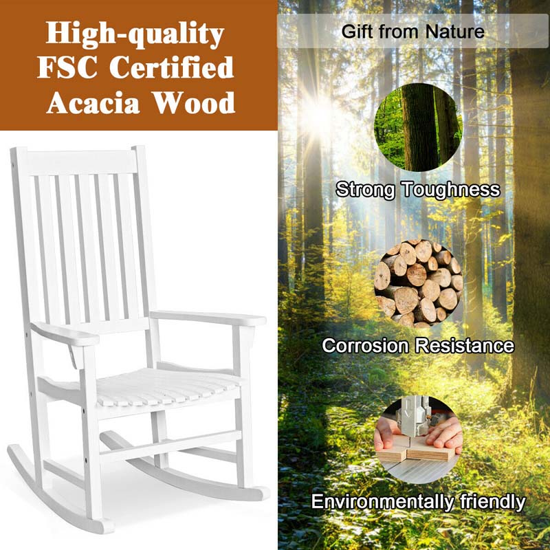 2PCS Acacia Wood Rocking Chair, High Back Porch Rocker with Wide Seat & Ergonomic Armrest for Indoor Outdoor Use