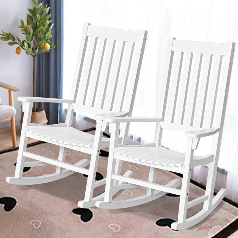 2PCS Acacia Wood Rocking Chair, High Back Porch Rocker with Wide Seat & Ergonomic Armrest for Indoor Outdoor Use