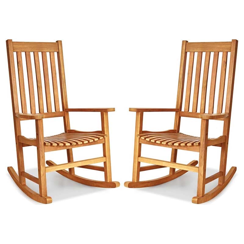 2PCS Acacia Wood Rocking Chair, High Back Porch Rocker with Wide Seat & Ergonomic Armrest for Indoor Outdoor Use