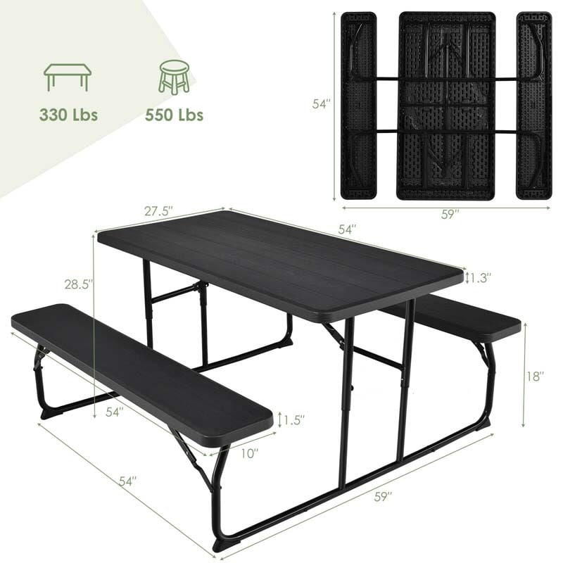 Folding Picnic Table Bench Set with Wood-Like Texture, 4-Person Heavy-Duty Portable Camping Dining Table for Outdoor Patio Backyard BBQ Party