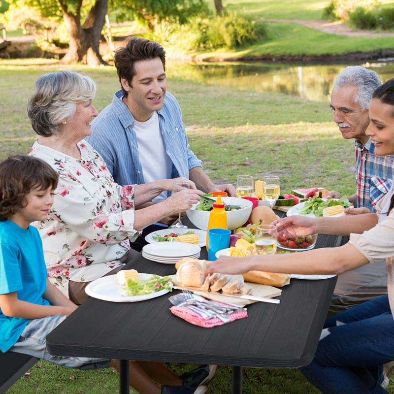 Folding Picnic Table Bench Set with Wood-Like Texture, 4-Person Heavy-Duty Portable Camping Dining Table for Outdoor Patio Backyard BBQ Party
