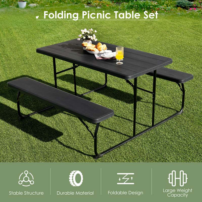 Folding Picnic Table Bench Set with Wood-Like Texture, 4-Person Heavy-Duty Portable Camping Dining Table for Outdoor Patio Backyard BBQ Party