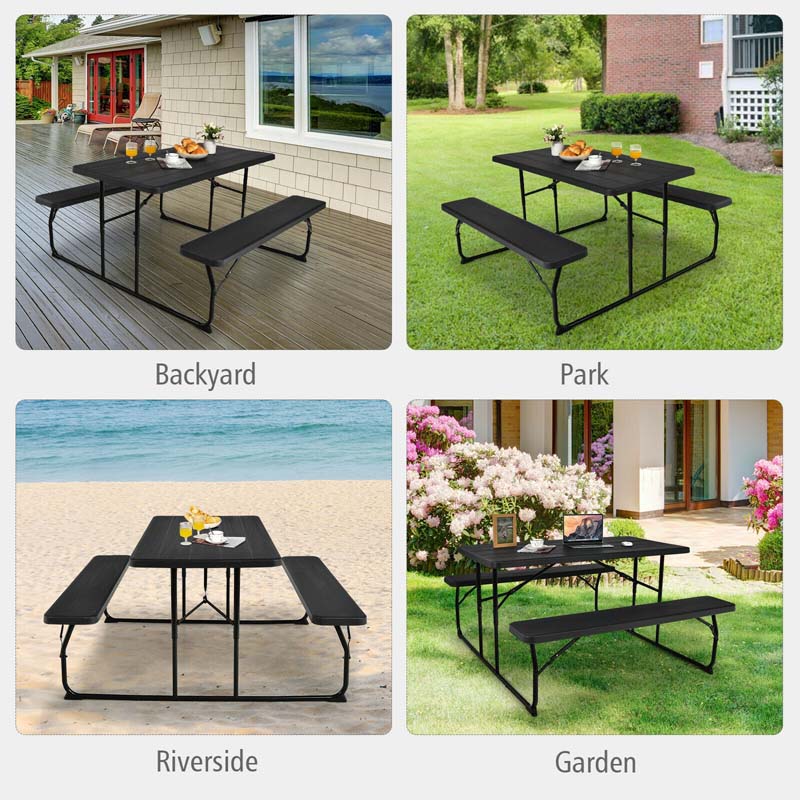 Folding Picnic Table Bench Set with Wood-Like Texture, 4-Person Heavy-Duty Portable Camping Dining Table for Outdoor Patio Backyard BBQ Party