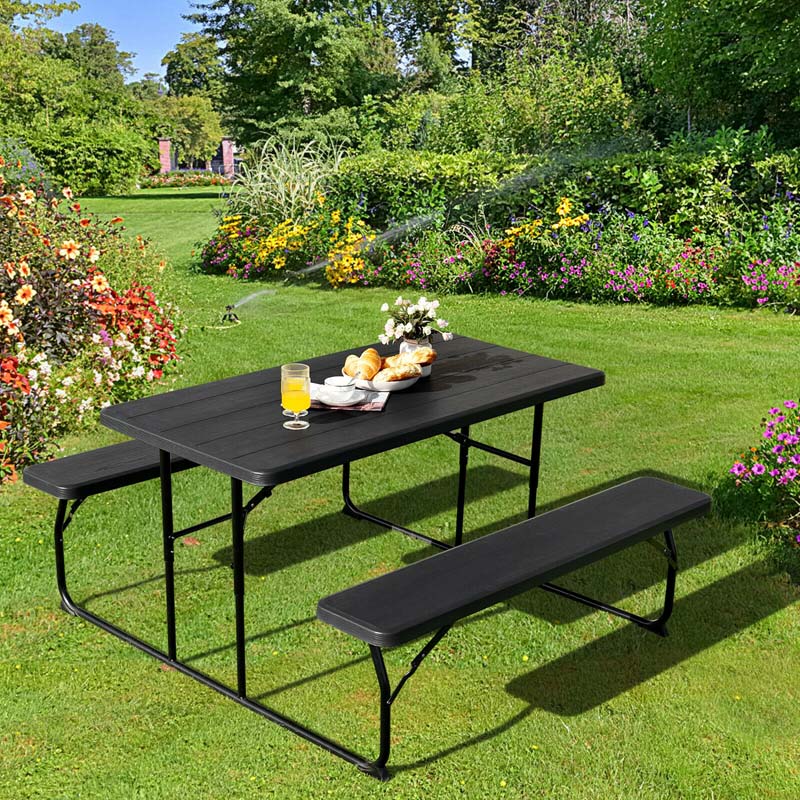 Folding Picnic Table Bench Set with Wood-Like Texture, 4-Person Heavy-Duty Portable Camping Dining Table for Outdoor Patio Backyard BBQ Party