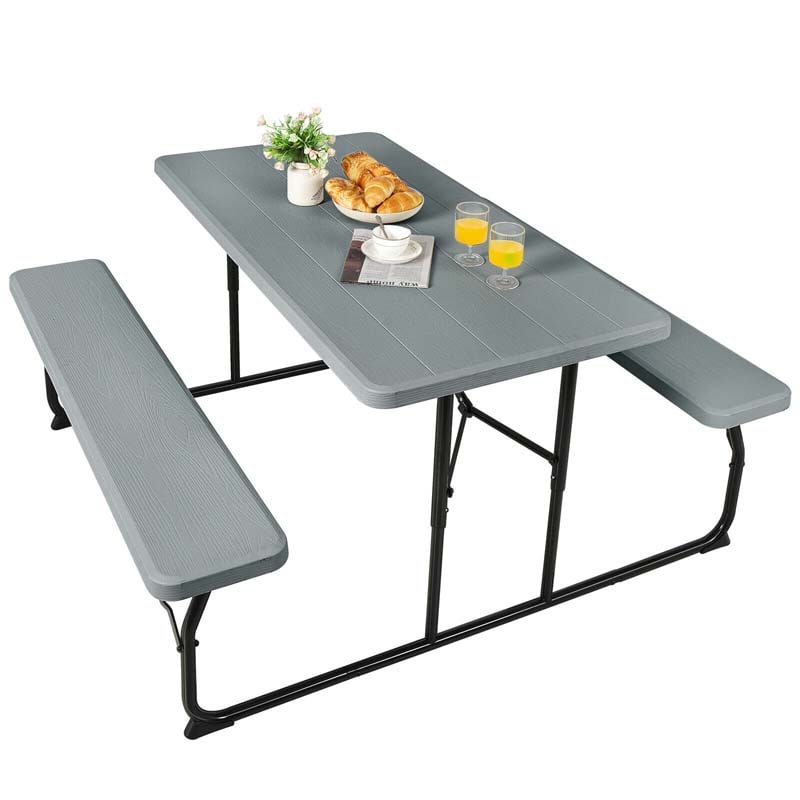 Folding Picnic Table Bench Set with Wood-Like Texture, 4-Person Heavy-Duty Portable Camping Dining Table for Outdoor Patio Backyard BBQ Party