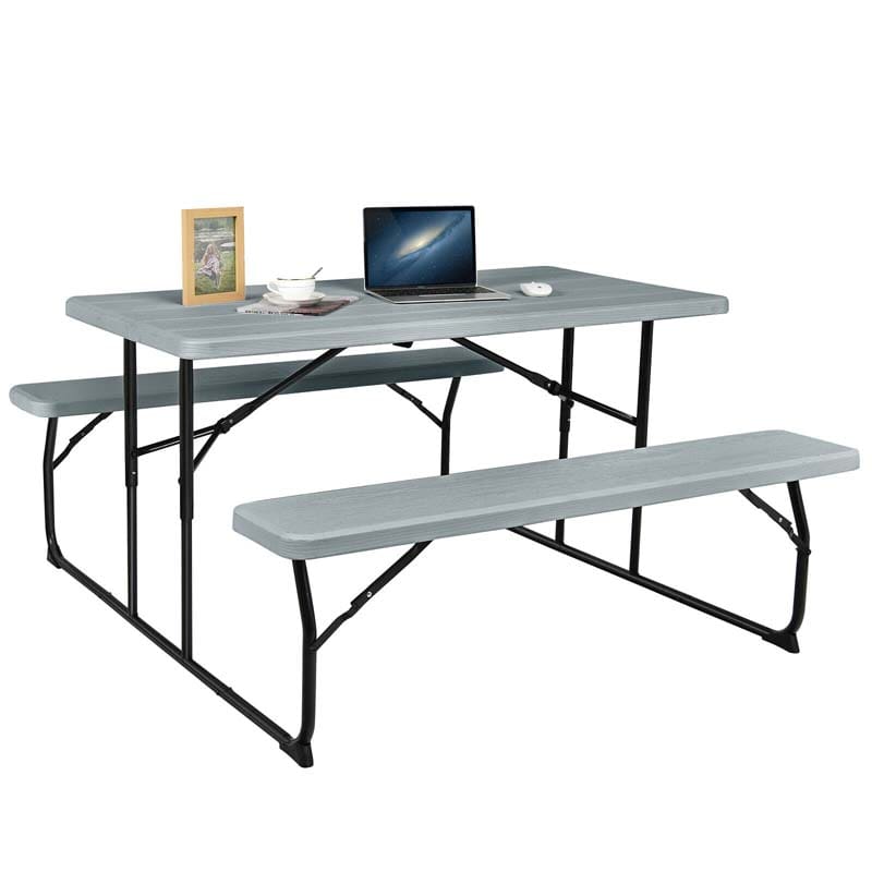 Folding Picnic Table Bench Set with Wood-Like Texture, 4-Person Heavy-Duty Portable Camping Dining Table for Outdoor Patio Backyard BBQ Party