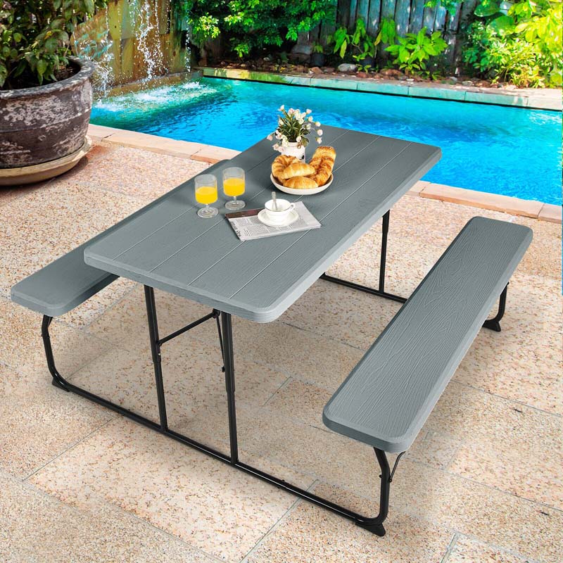 Folding Picnic Table Bench Set with Wood-Like Texture, 4-Person Heavy-Duty Portable Camping Dining Table for Outdoor Patio Backyard BBQ Party