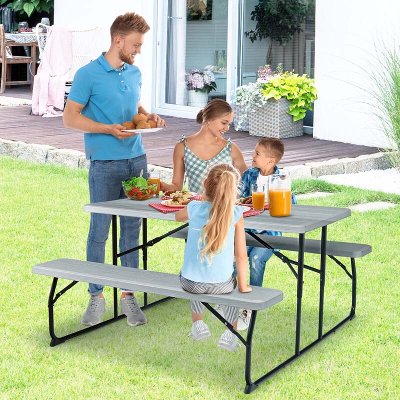 Folding Picnic Table Bench Set with Wood-Like Texture, 4-Person Heavy-Duty Portable Camping Dining Table for Outdoor Patio Backyard BBQ Party
